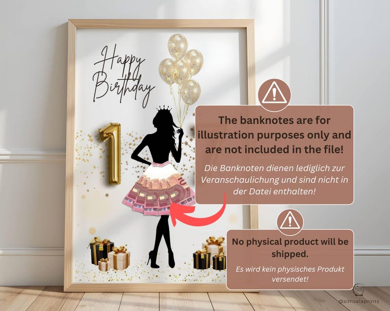 May include: A framed print with a gold frame features a silhouette of a girl wearing a crown and a skirt made of banknotes. Gold balloons and a number 1 balloon are also included. The words "Happy Birthday" are written at the top.