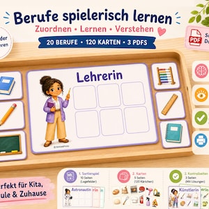 May include: Educational game for children aged 3+ titled "Berufe spielerisch lernen" (Careers playfully learning). The set includes 20 careers, 120 cards, and 3 PDFs. The image shows a teacher illustration and other educational tools.