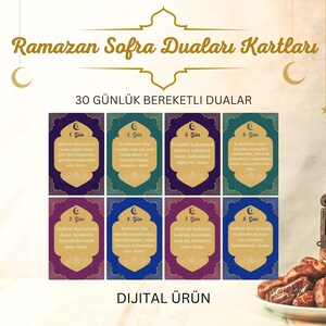 May include: A digital product featuring prayer cards for Ramadan. The cards have ornate frames and include text in Turkish. The image also includes a decorative lantern and dates.