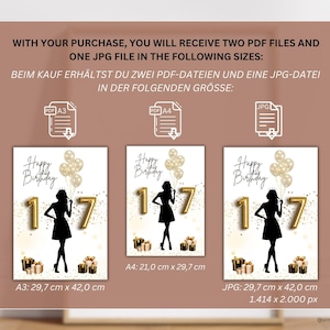 May include: A digital print featuring a black silhouette of a woman, the number 17 in gold, and the words "Happy Birthday." The print includes gold balloons and gift boxes. Available in A3 (29.7 cm x 42.0 cm), A4 (21.0 cm x 29.7 cm), and JPG sizes.