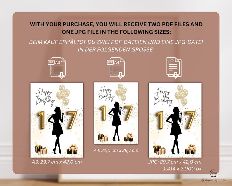 May include: A digital print featuring a black silhouette of a woman, the number 17 in gold, and the words "Happy Birthday." The print includes gold balloons and gift boxes. Available in A3 (29.7 cm x 42.0 cm), A4 (21.0 cm x 29.7 cm), and JPG sizes.