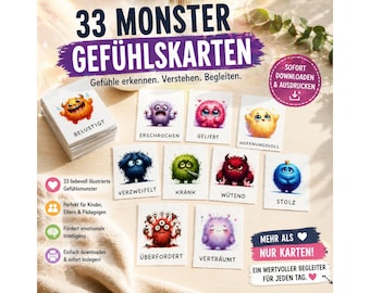 Emotion Cards for Kids (Monster) PDF | Printable Emotion Cards | Emotion Monsters for Learning Emotions | Montessori Materials for Preschool and Kindergarten