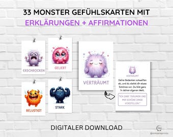 May include: 33 printable monster feeling cards with explanations and affirmations. Each card features a colorful monster illustration and a corresponding emotion word. The cards are designed to help children learn about and express their feelings.