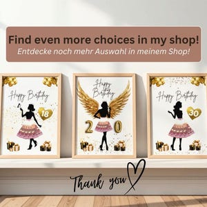 May include: Three framed prints with a birthday theme. Each print features a silhouette of a person in a dress, with gold accents and the words "Happy Birthday." The prints are on a white background with gold balloons and gift boxes. The text "Find even more choices in my shop!" is at the top.