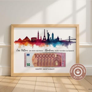 Fondo de viaje para regalo de cumpleaños en efectivo | Regalo viaje por el mundo | Primer millón | Regalo de último minuto Descargar para imprimir | Plantilla de bricolaje en PDF