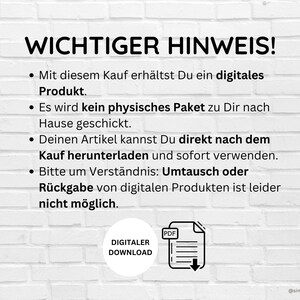 May include: A white brick wall background with black text that reads "WICHTIGER HINWEIS!"  The text below the heading explains that this is a digital product and that no physical package will be shipped.  The text also states that the product can be downloaded immediately after purchase and that returns or exchanges are not possible for digital products.  A black and white illustration of a PDF file is shown below the text.