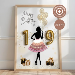 Puede incluir: Impresión enmarcada con temática de cumpleaños. La obra presenta una silueta de una persona con corona y un vestido hecho de dinero, con los números dorados 1 y 9 en globos. Las palabras "Happy Birthday" están escritas en cursiva, con globos dorados y cajas de regalo.