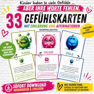Puede incluir: Un conjunto de 33 tarjetas de sentimientos de doble cara con explicaciones y afirmaciones. Las tarjetas presentan ilustraciones coloridas de monstruos lindos que representan diferentes emociones como "Amado", "Orgulloso" y "Tonto". El texto de las tarjetas está en alemán.