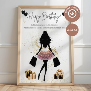 Peut inclure: Impression encadrée avec l'inscription "Happy Birthday". L'image présente une silhouette d'une personne portant une couronne et une jupe faite d'argent, tenant des sacs de shopping. Des confettis dorés et des boîtes cadeaux complètent le thème festif.
