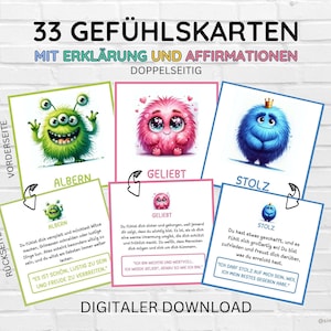 33 Gefühlskarten mit Erklärungen + Affirmationen – Emotionen verstehen | Montessori Lernkarten | Gefühle & Entwicklung  | Emotionskarten