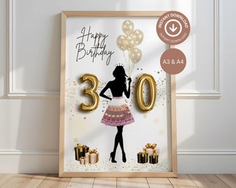 May include: A printable birthday poster with a silhouette of a woman wearing a crown and a skirt made of money. The poster features gold balloons in the shape of the numbers 30 and the words "Happy 30th Birthday".