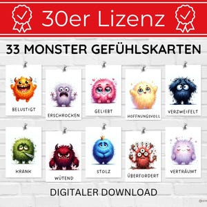Licença de 30 cartas – 33 cartas Monster Emotion – Compreendendo as emoções | Cartas de aprendizagem Montessori | Download digital | Para creche | Escola | Terapia