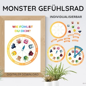 Roue des émotions monstrueuse pour faire correspondre les cartes d’émotions – comprendre les émotions | Cartes d'apprentissage Montessori pour enfants | Téléchargement numérique pour les sentiments