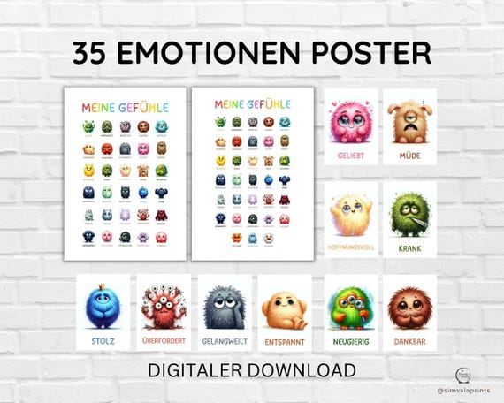 Gefühle Poster Kinder PDF | Monster Emotionen Lernposter Set | Kita Kindergarten Wanddeko