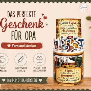 Może przedstawiać: Spersonalizowany prezent dla dziadka, z cylindrycznym pojemnikiem z narzędziami i tekstem "Das Perfekte Geschenk Für Opa". Projekt zawiera wyskakujący wyświetlacz narzędzi oraz słowa "Danke Opa" i "Opa, du bist nicht nur der Hammer."