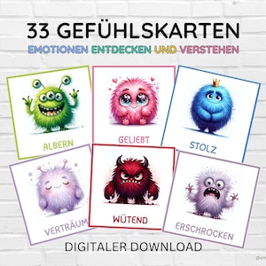 Carte dei sentimenti dei mostri – Comprendere le emozioni | Schede didattiche Montessori per bambini | Download digitale per sentimenti e sviluppo di carte emozionali