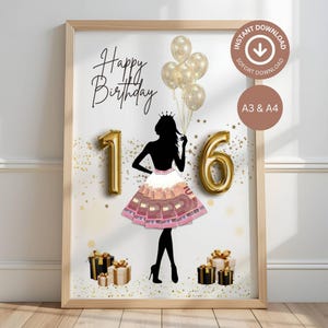 Könnte beinhalten: Gerahmter Geburtstagsdruck mit einer schwarzen Silhouette einer Person mit Krone und einem Rock aus Geld. Goldfolienballons bilden die Zahlen "1" und "6", mit "Happy Birthday" in Schreibschrift. Goldkonfetti und Geschenkboxen sind ebenfalls im Design enthalten.