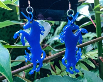 Laser Cut Acrylic Very Happy Male Unicorn Earrings or Key Chain in Cobalt Blue Large or Small