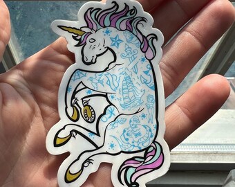 Vinyl Sticker: American Traditional Tattooed Unicorn