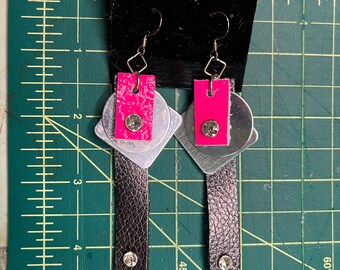 New Real Leather, Rhinestone Earrings w Sterling Hooks Neon Pink