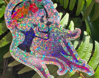 Holographic Sticker: Skull Woman with Floral Crown