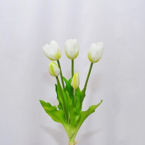 White Real Touch Tulip Bouquet with Green Leaves, Faux Spring Flowers for Wedding, Table Centerpiece & Home Decor, Fake Flower Crafts