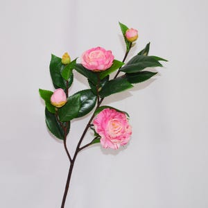 Artificial Camellia Branch with Buds & Leaves, Faux Camellia Stem for Floral Arrangements, Wedding Decor, Home Centerpieces, Quality Bloom