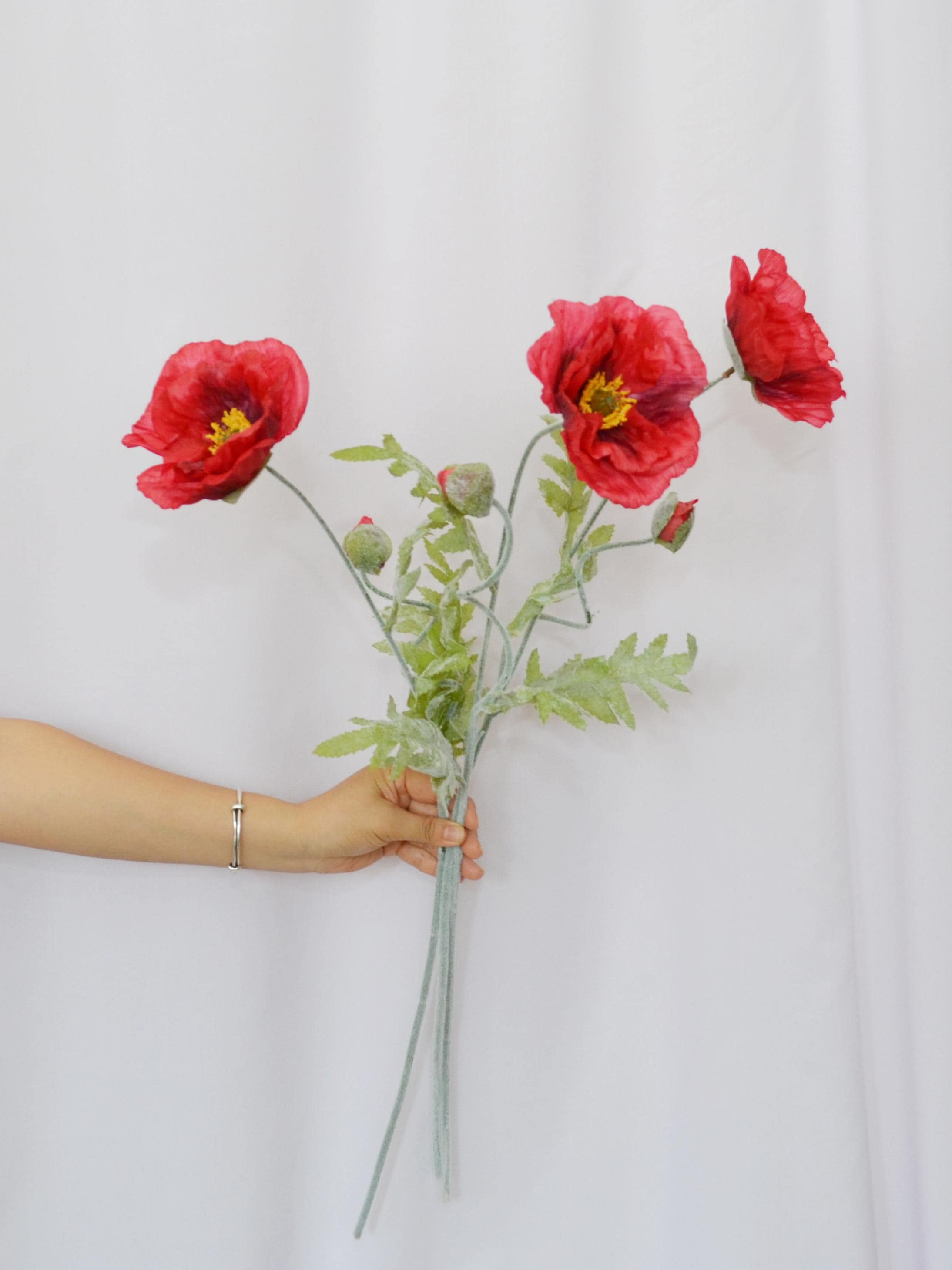 Artificial Red Poppy Stem With Leaves and Buds, Realistic Silk Poppy ...
