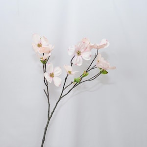 Puede incluir: Un solo tallo de flores artificiales de cornejo. Las flores son de un rosa suave con centros amarillos y están unidas a una rama marrón oscuro. El fondo es blanco liso.