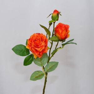 Artificial Orange Rose Stem with Buds and Leaves, Real Touch Fall Rose, for Wedding Bouquet, Home Vase Decor, DIY Centerpiece, Floral Craft
