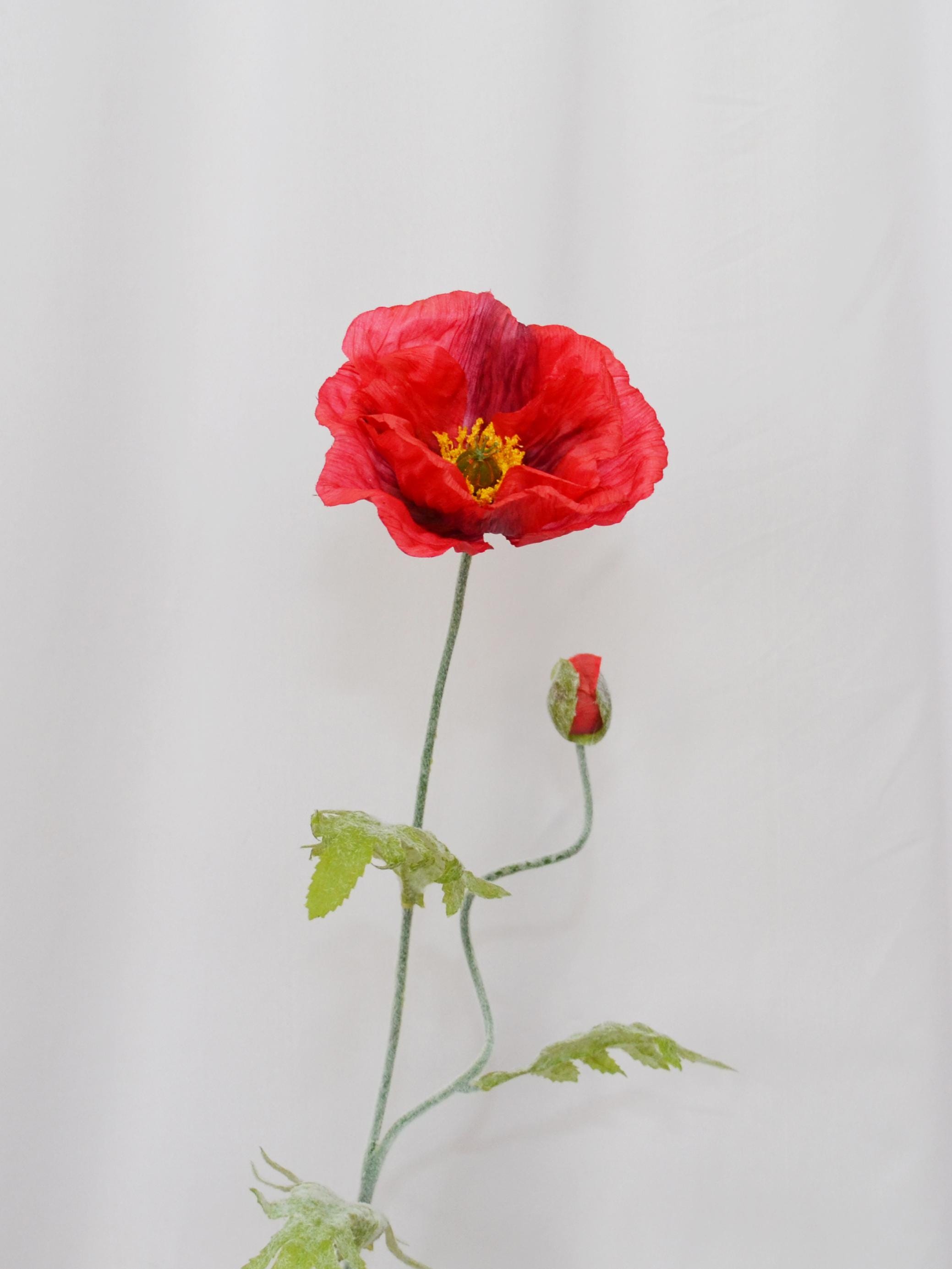 Artificial Red Poppy Stem With Leaves and Buds, Realistic Silk Poppy ...