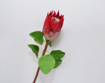 Artificial Red Protea Flower Stem with Leaves, Realistic Faux Tropical Bloom for Home Decor, Wedding Arrangements Centerpiece, Floral Crafts