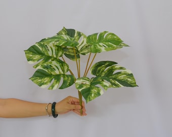 Artificial Variegated Monstera Leaf Bundle, Lifelike Faux Tropical Greenery for Home Plant Décor, Wedding Centerpieces, Indoor Arrangement