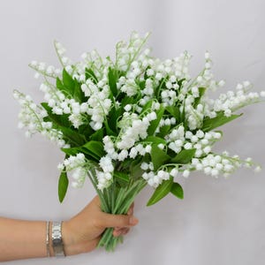 May include: A bunch of lily of the valley flowers. The white, bell-shaped flowers are set against green leaves. The bouquet is held in a hand against a white backdrop.
