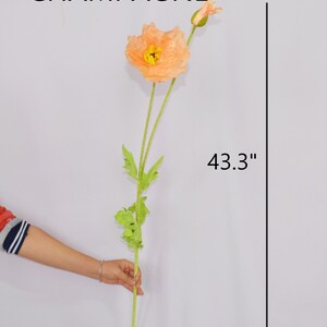 May include: A single artificial poppy flower in champagne color, with a yellow center and green stem and leaves. The stem measures 43.3 inches in length. The word "CHAMPAGNE" is printed above the flower.