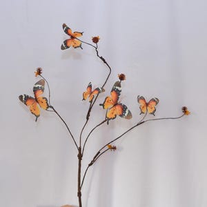 Artificial Butterfly Branch, Yellow Flowers Orange Butterflies, Decorative Faux Butterfly Stem for Home Floral Decor, Wedding Arrangements