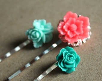 Silver Hairpins with Flowers - Mint, Teal, Pink - Set of 3