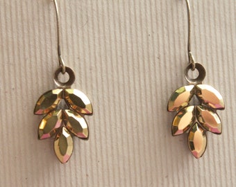 Gold Crystal & Antiqued Brass Leaf Earrings