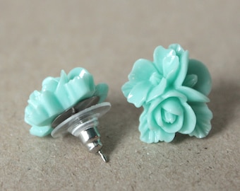 Mint Green Floral Post Earrings - Surgical Steel