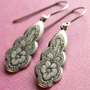 Vintage Style Floral Etched Antiqued Silver Earrings - Stainless Steel Earwires