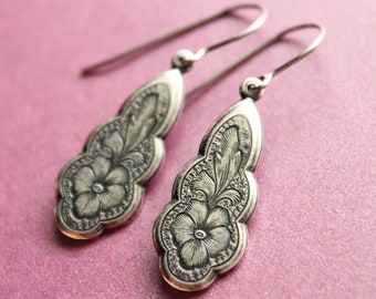 Vintage Style Floral Etched Antiqued Silver Earrings - Surgical Steel Earwires