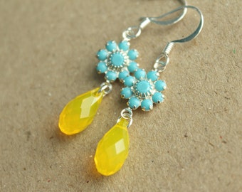 Crystal & Silver Plated Earrings - Flower Design - Turquoise with Yellow Opal, Padparadscha or AB