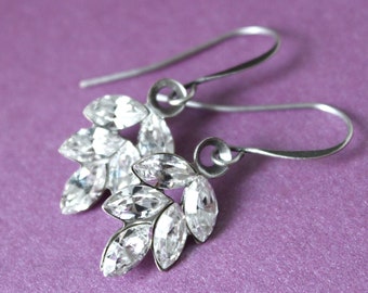 Crystal & Silver Rhinestone Leaf Earrings - Clear Crystal