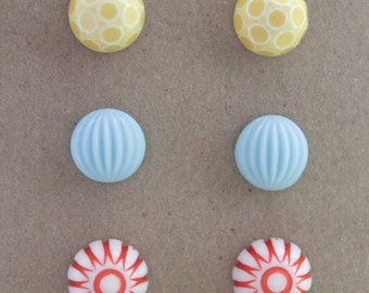 Post Earrings - 3 pairs - Vintage Plastic and Glass - Surgical Steel - Yellow, Light Blue, Red Mix