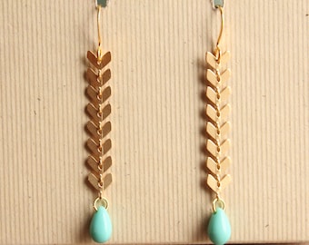 Chevron & Glass Earrings - Gold or Silver Plated - Aqua Glass