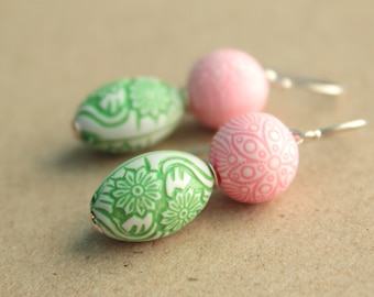 Carved Acrylic Beaded Earrings - Sterling Silver - Pink, White, Green