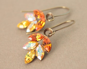 Crystal Leaf Earrings - Antiqued Brass - Orange & Yellow