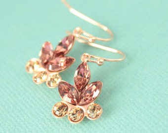 Crystal & Rose Gold Plated Earrings - Leaf Design - Antique Pink and Light Colorado Topaz