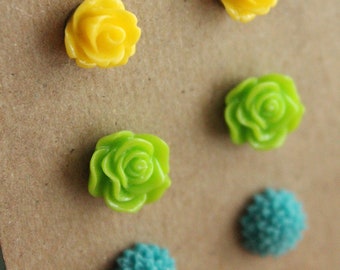CLEARANCE - Flower Post Earrings - 3 pairs - Plastic - Surgical Steel - Yellow, Lime Green, Blue