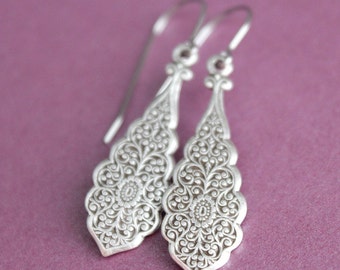 Vintage Style Embossed Antiqued Silver Earrings - Surgical Steel Earwires